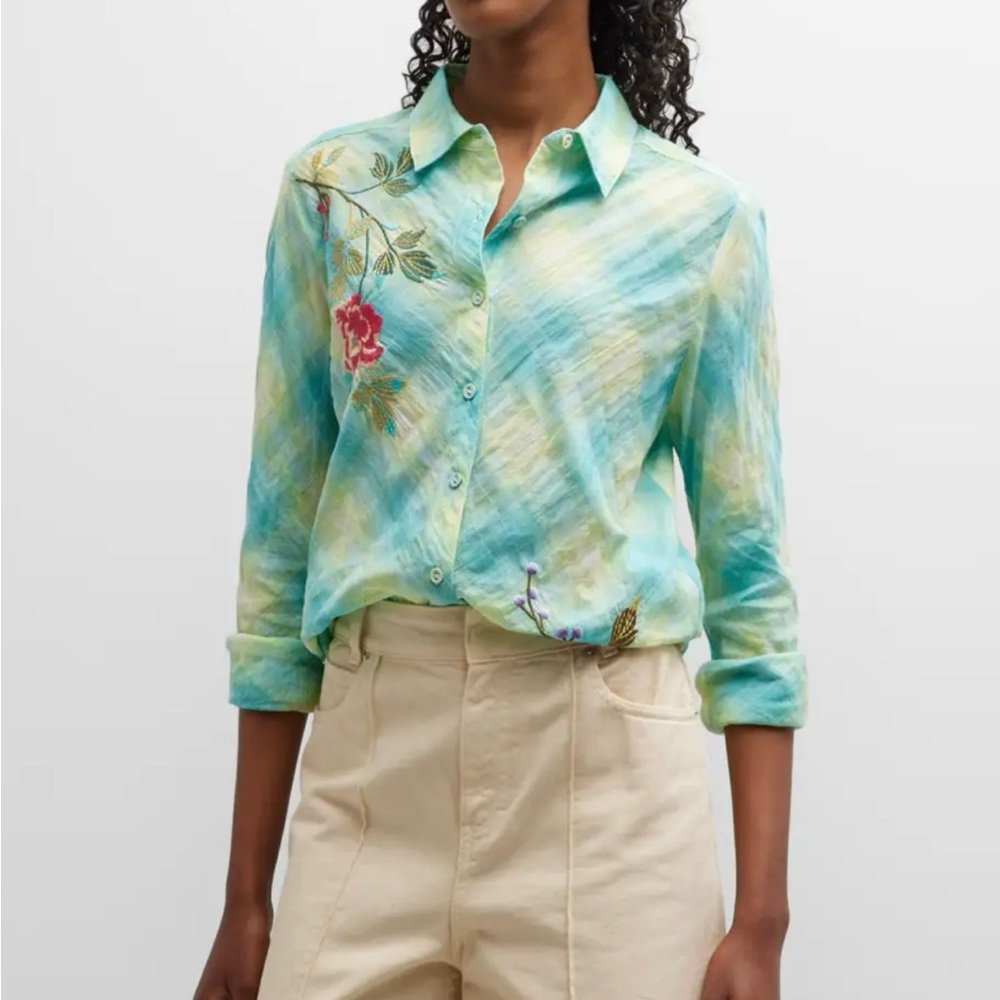 Johnny Was Adele Aqua and Lime Floral Embroidered Shirt